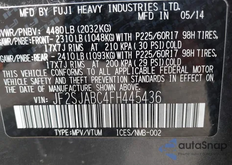 2015 Subaru Forester 2.5I из США, поврежденный, VIN JF2SJABC4FH445436